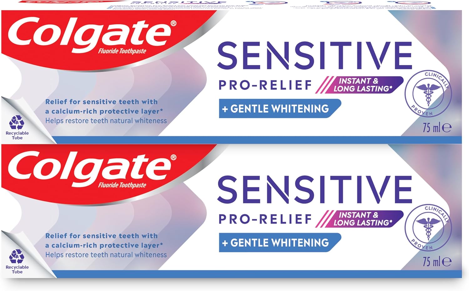 Colgate Toothpaste Sensitive Pro Relief, Whitening Toothpaste, Instant & Lasting Sensitivity Pain Relief, 2x75ml, 2 Pack