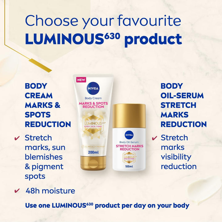 Nivea LUMINOUS 630 Marks and Spots Reduction Body Cream, Even Skin Tone, Reduced Visibility of Stretch Marks, Sun Blemishes