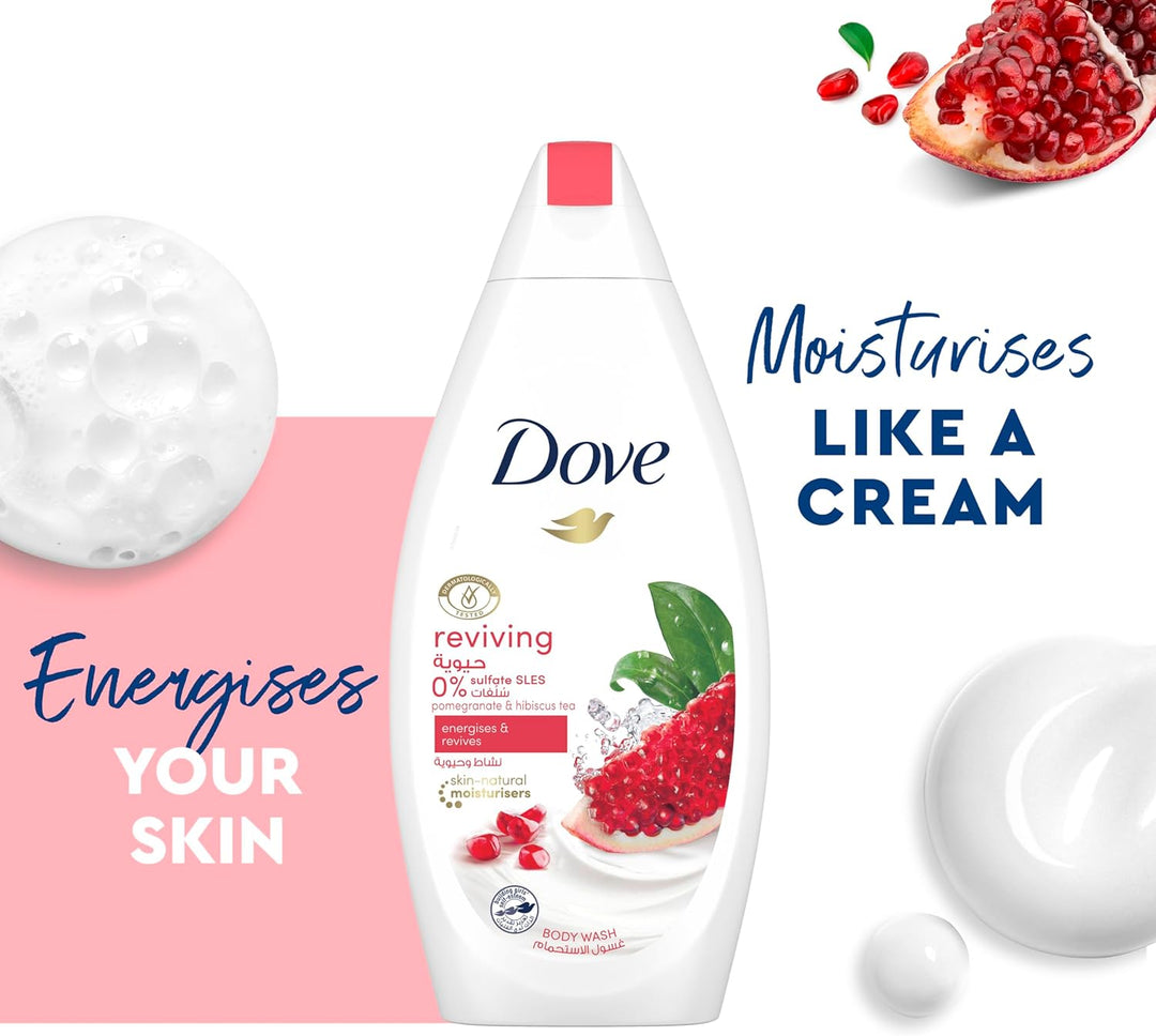 Dove Go Fresh Refreshing Body Wash with Renew Blend technology, Pomegranate and Hibiscus Tea, with ¼ Moisturising Cream, 250ml (Pack of 2)