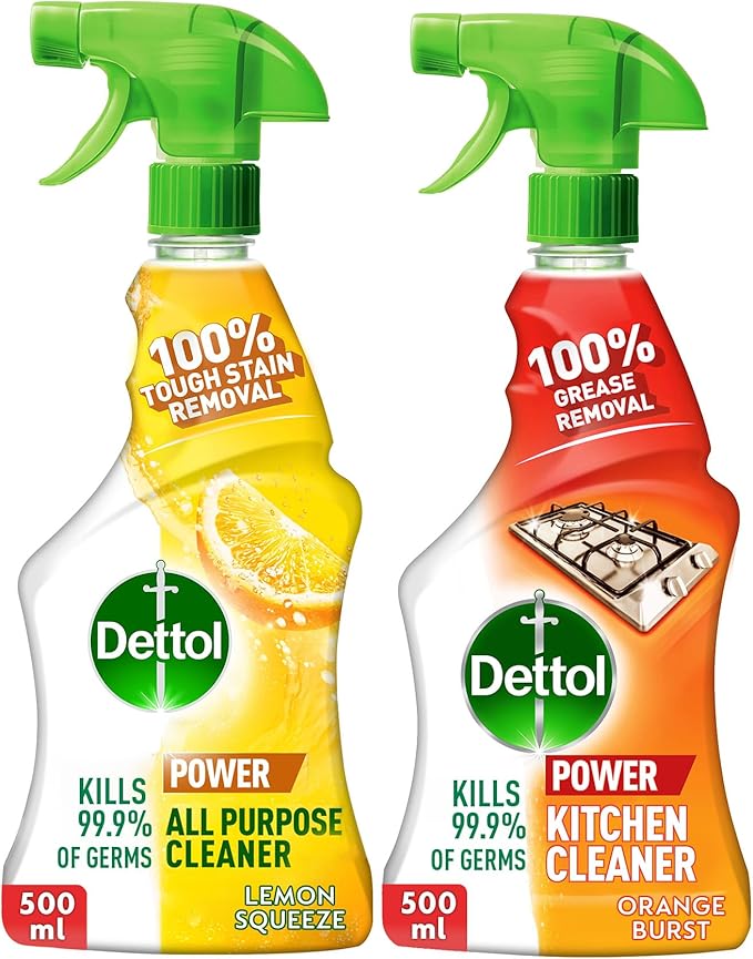 Dettol All Purpose Cleaner (Lemon) with Kitchen Cleaner (Orange Burst) Trigger Spray, 500 ml (Pack of 2)