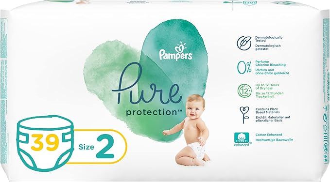 Pampers Pure Protection Dermatologically Tested Diapers, Size 2, 4-8kg, 39 Diaper Count
