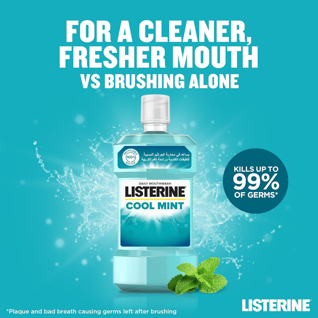Listerine, Cool Mint Daily Mouthwash, Mint Flavour, kills 99% of germs that cause plaque and bad breath, when used twice daily, 500ml (Pack of 3)