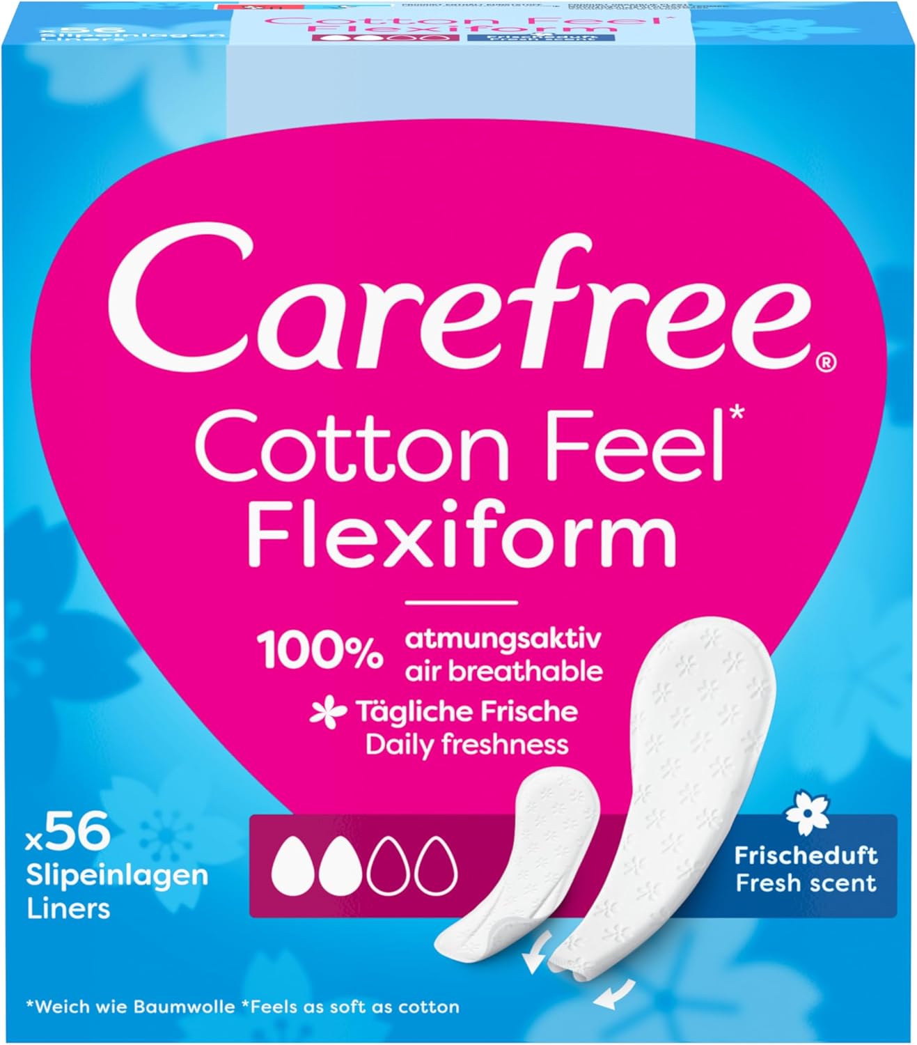 Carefree Cotton Feel Flexiform Panty Liners with Fresh Scent, Ideal for Briefs and Thongs, 100% Breathable, Gives a Feel of Comfort, Dryness and Freshness, Size Normal (Pack of 56)