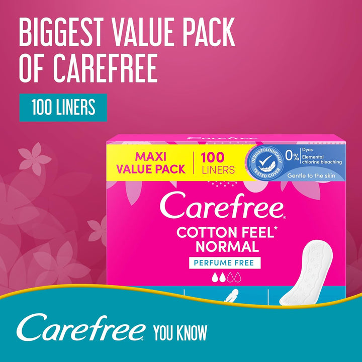 Carefree Cotton Feel Perfume Free Panty Liners, 100% Breathable, Normal Size, Pack of 100
