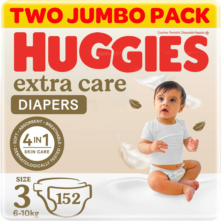 Huggies Extra Care, Size 3, 4 - 9 kg, Twin Jumbo Pack, 152 Diapers