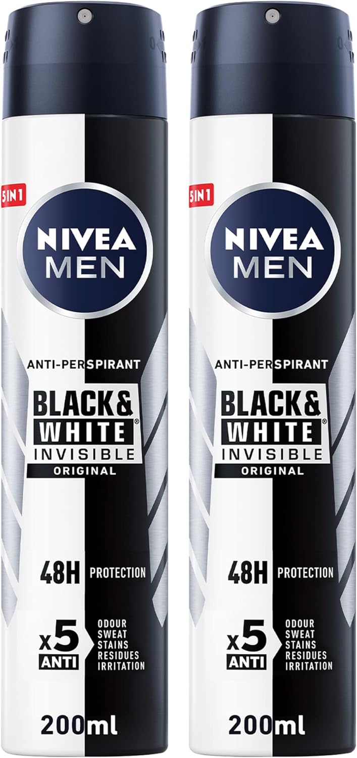 Nivea MEN Antiperspirant Spray for Men, Black & White Invisible Protection Original, 2x150ml