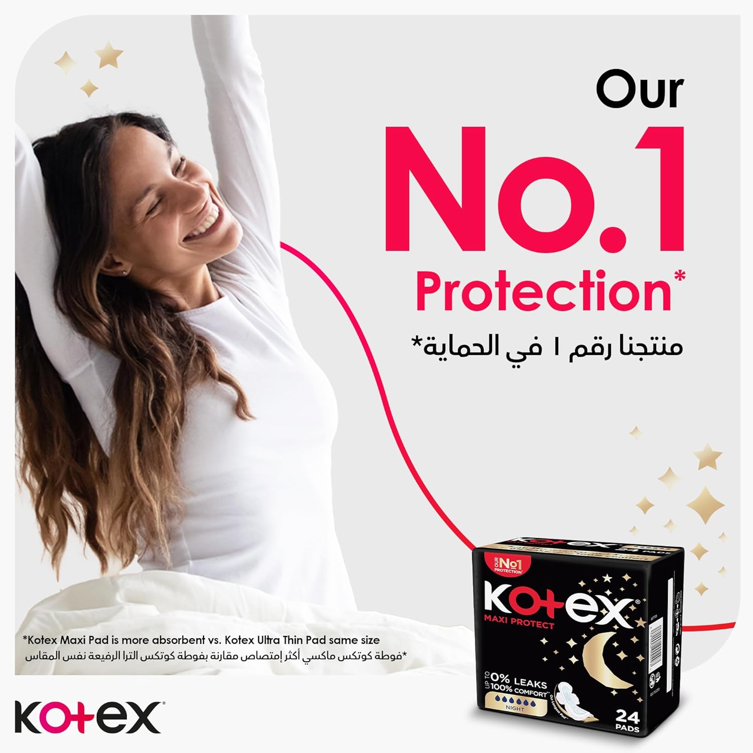 Kotex Maxi Protect Thick Pads, Overnight Protection Sanitary Pads with Wings, 48