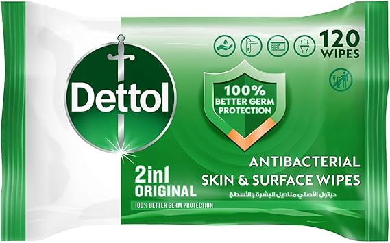 Dettol Original 2 in 1 Antibacterial Skin and Surface Wipes for 100% Better Germ Protection 120pcs