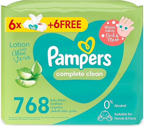 Pampers Complete Clean Baby Wipes with Aloe Vera Lotion for Hands & Face, 12 Packs, 768 Count (Item packing may vary)