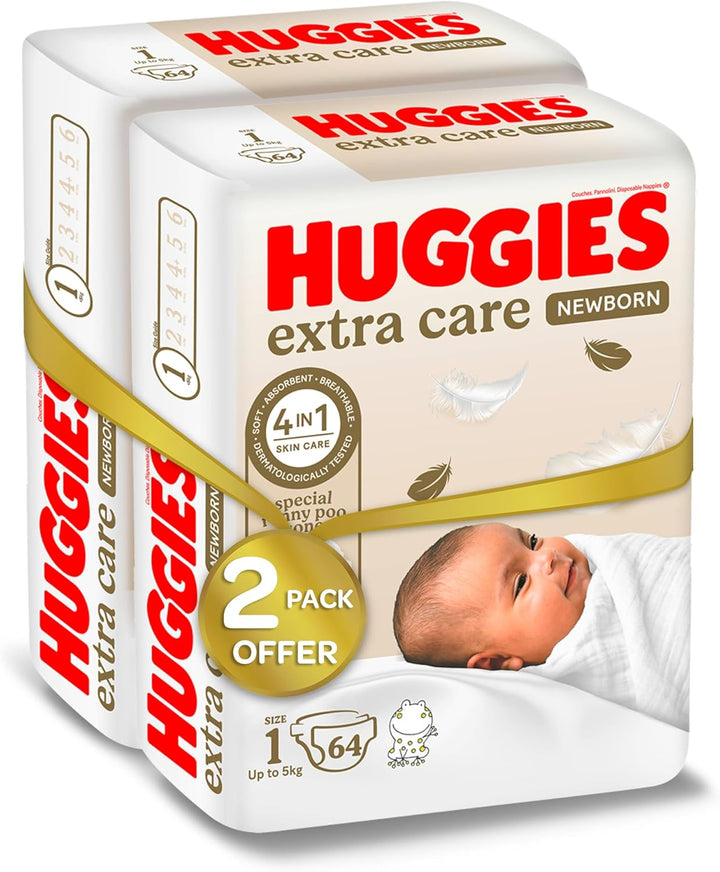 Huggies Extra Care Newborn, Size 1, Up to 5 kg, Twin Jumbo Pack, 128 Diapers