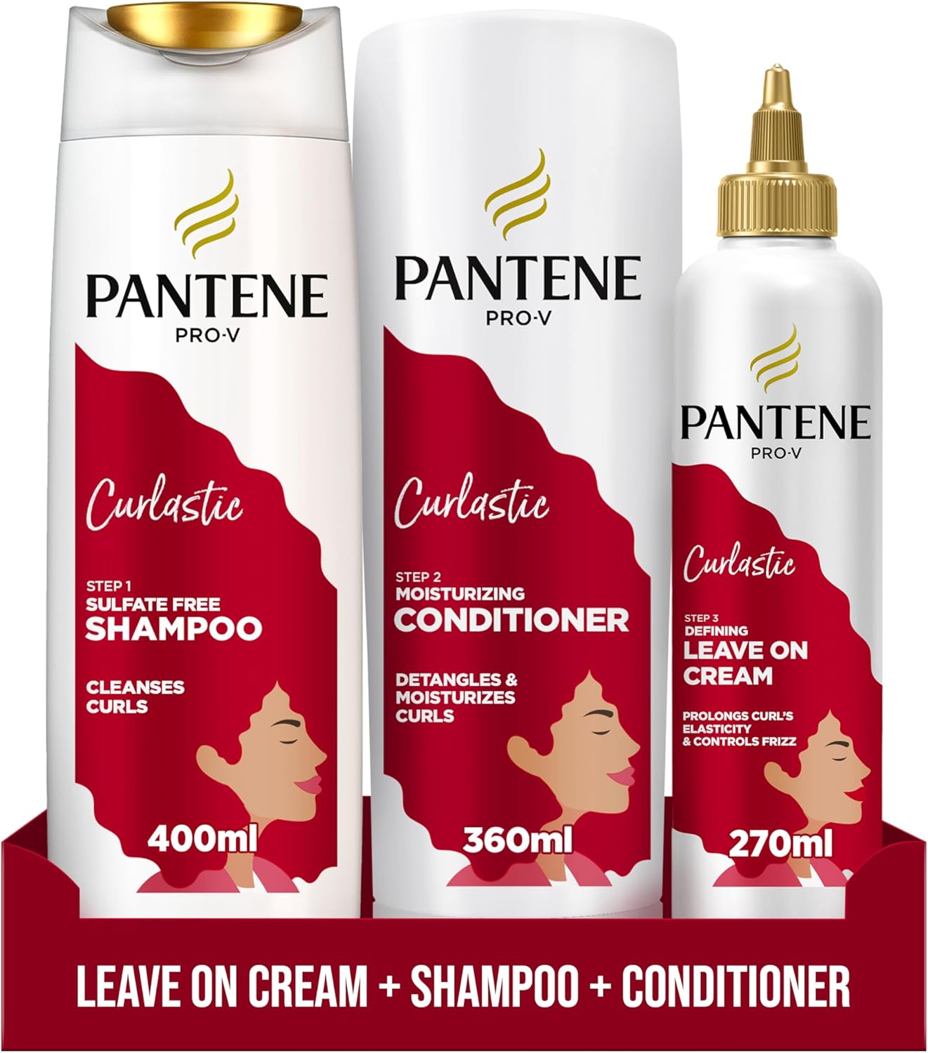 Pantene Pro-V Curlastic Curly Hair Sulfate-Free Shampoo 400ml + Deep Moisturizing Conditioner 360ml + Defining & Anti-Frizz Leave-On Cream 270ml