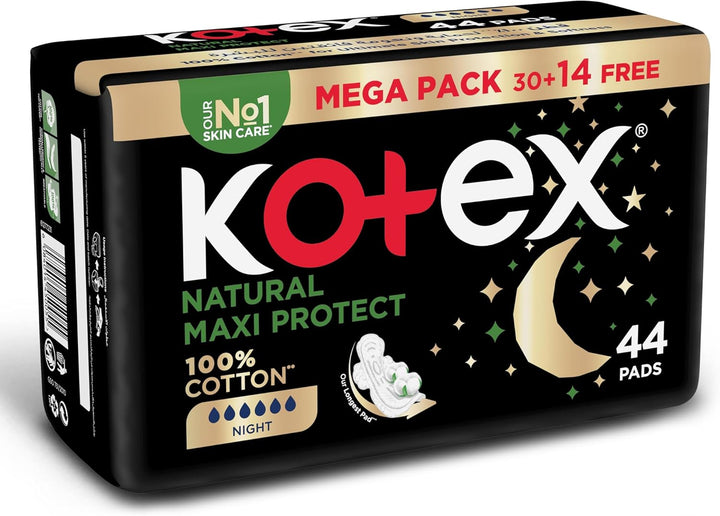 Kotex Natural Maxi Protect Thick Pads, 100% Cotton Pad, Overnight Protection Sanitary Pads with Wings, 44
