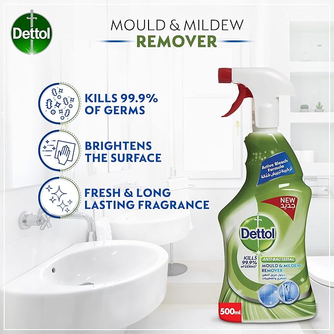 Dettol Anti-Bacterial Mould & Mildew Remover (Kills 99.9% of Germs) with Active Bleach Formula Trigger Spray Bottle, 500ml