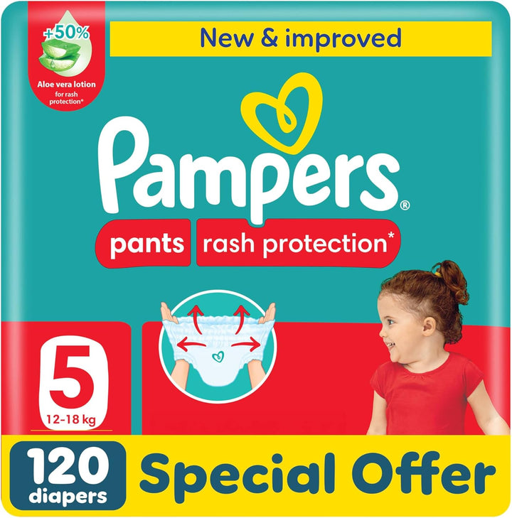 Pampers Rash Protection Pants Diapers, Size 5, 12-18kg, +50% Aloe Vera Lotion, 360° Leak-Free Fit for up to 100% Leakage Protection, Giant Pack, 120 Count