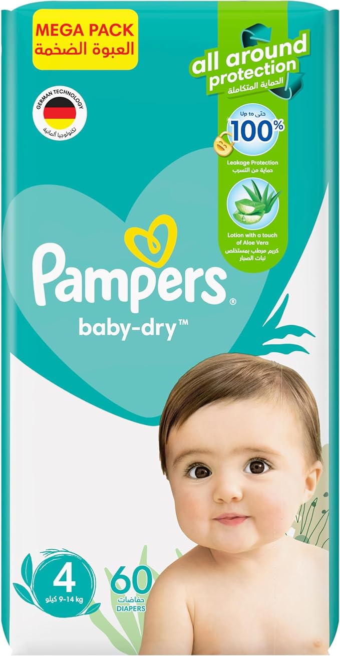 Pampers Baby-Dry Taped Diapers with Aloe Vera Lotion, up to 100% Leakage Protection, Size 4, 9-14kg, 60 Count