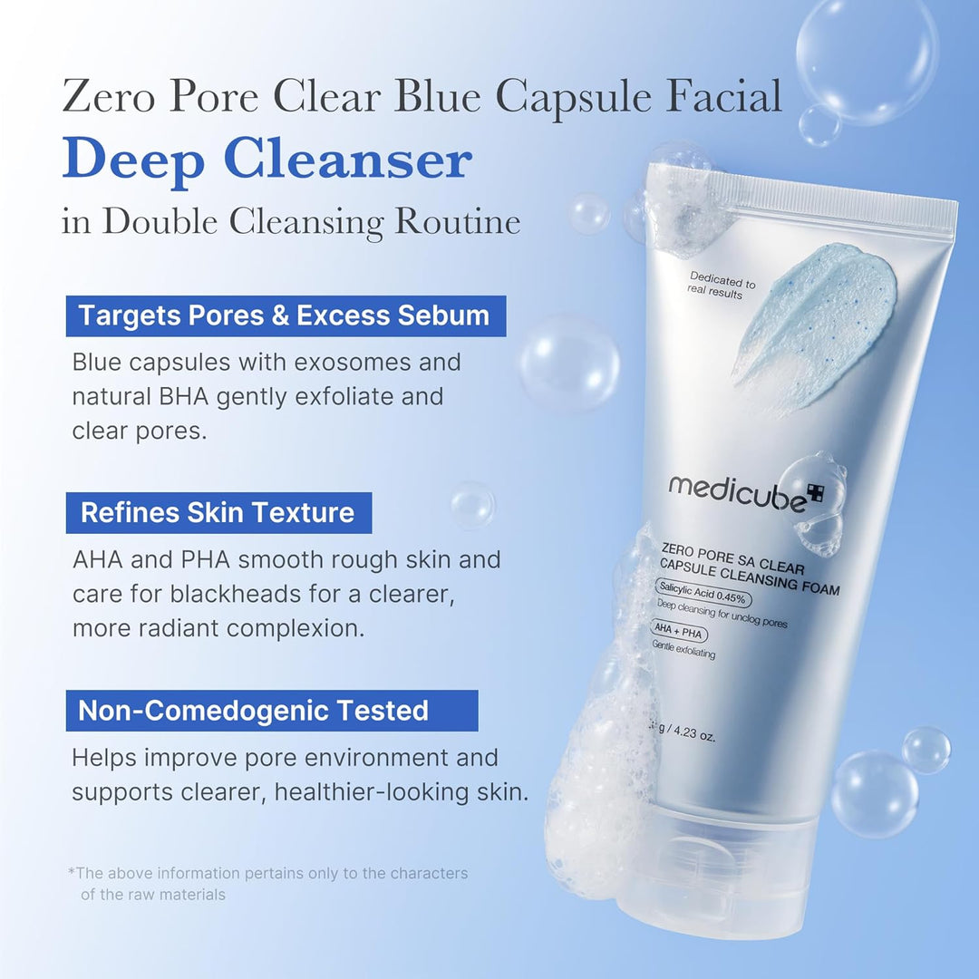 medicube Zero Pore Clear Blue Capsule Facial Cleanser for Skin Texture, Blackhead & Pore Care | AHA, BHA & PHA for Double Cleansing, Daily Gentle Face Wash, Korean Skincare | 120g / 4.23 oz