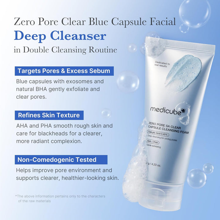 medicube Zero Pore Clear Blue Capsule Facial Cleanser for Skin Texture, Blackhead & Pore Care | AHA, BHA & PHA for Double Cleansing, Daily Gentle Face Wash, Korean Skincare | 120g / 4.23 oz