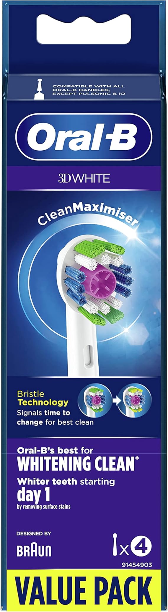 Oral-B 3D White Electric Toothbrush Head with CleanMaximiser Technology, Angled Bristles for Deeper Plaque Removal, Pack of 4 Toothbrush Heads, White