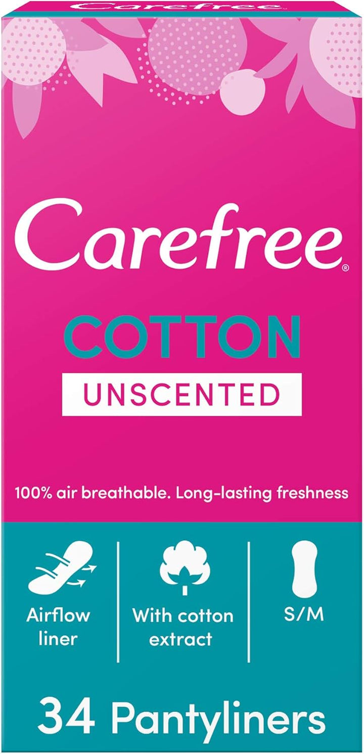 Carefree Daily Panty Liners, Cotton, Unscented, Pack Of 34