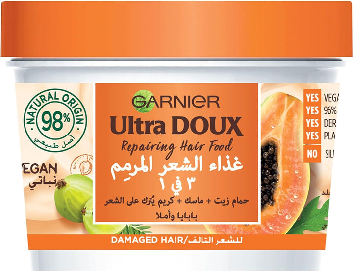 Garnier Ultra Doux Repairing Papaya and Amla 3-in-1 Vegan Hair Food Mask For Damaged Hair 390ml Hamam Zeit, Mask, Leave-in