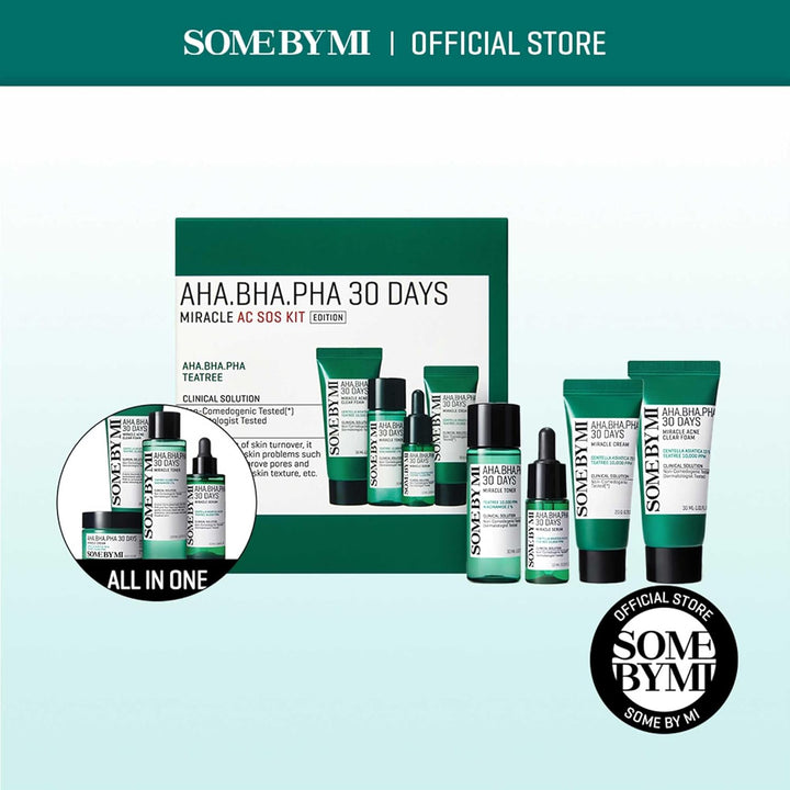 Some By Mi AHA BHA PHA 30Days Miracle AC SOS Kit | Includes Toner 1.01Oz + Serum 0.33Oz + Cream 0.7Oz + Foam 1.01Oz | Mild Exfoliating Daily Skin Care Set For Skin Wastes, Sebum, Oiliness Care