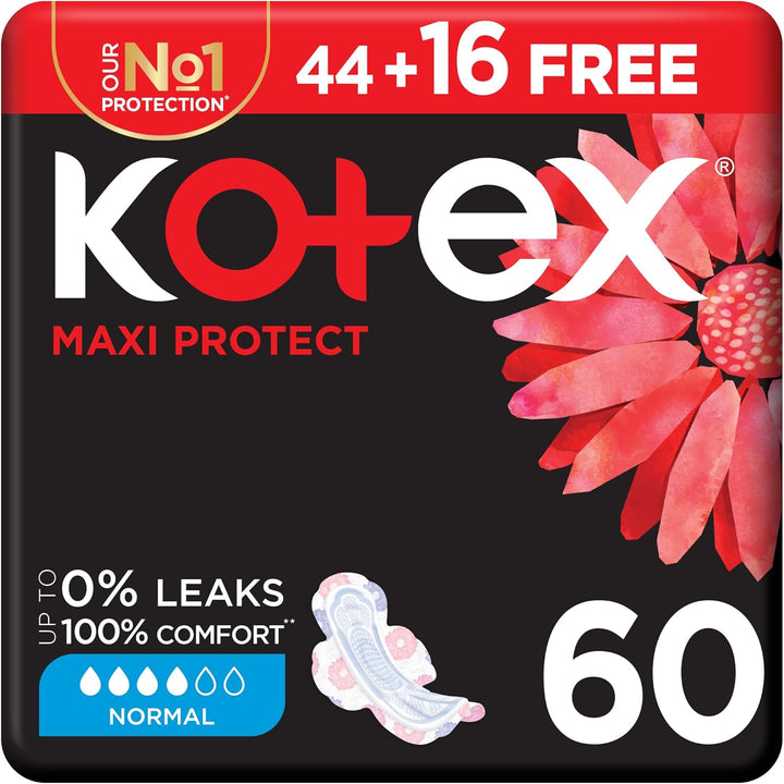 Kotex Maxi Protect Thick Pads, Normal Size Sanitary Pads with Wings, 60