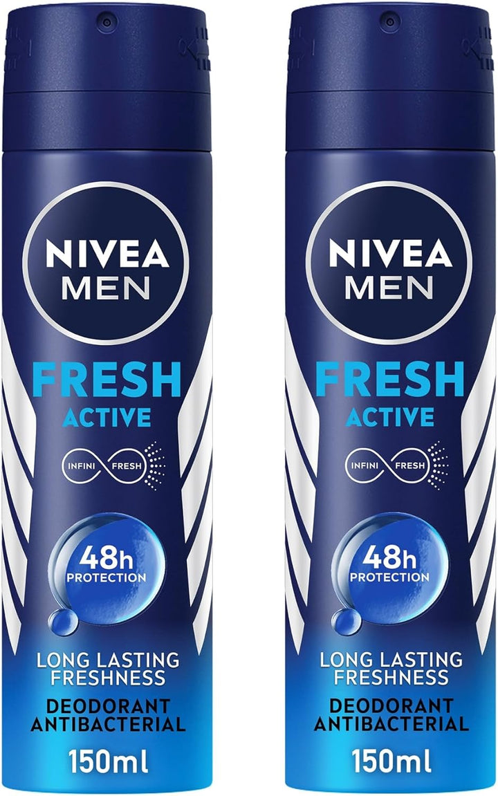 Nivea MEN Antiperspirant Spray for Men, Fresh Active Fresh Scent, 2x150ml