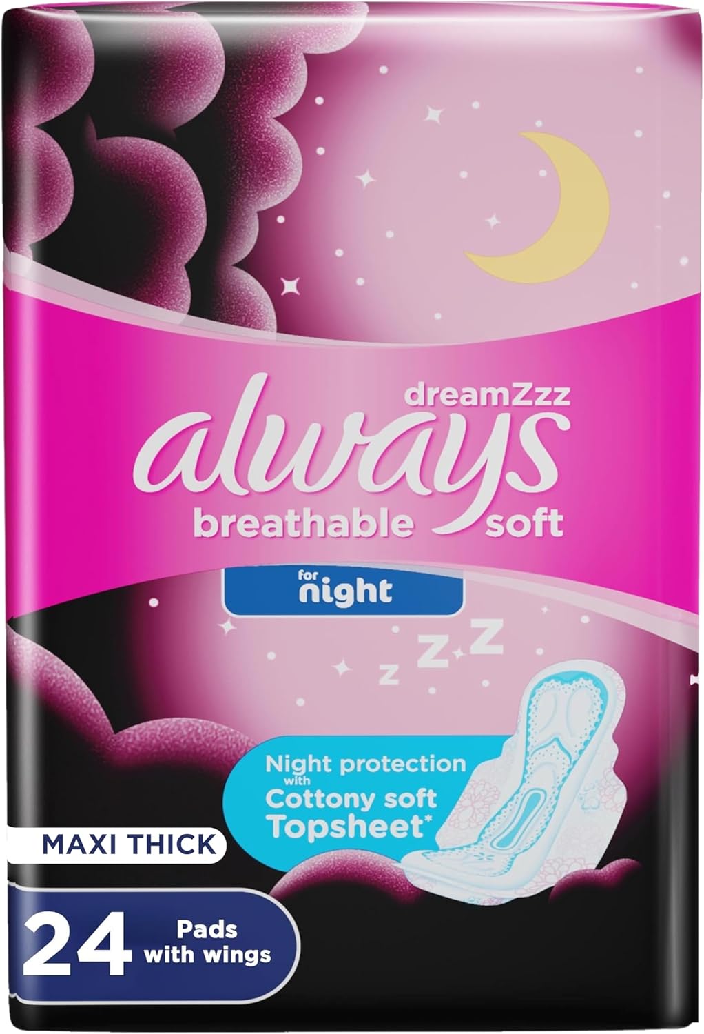 Always Breathable Soft Maxi Thick, Night Sanitary Pads With Wings, (8/24/48) Pads