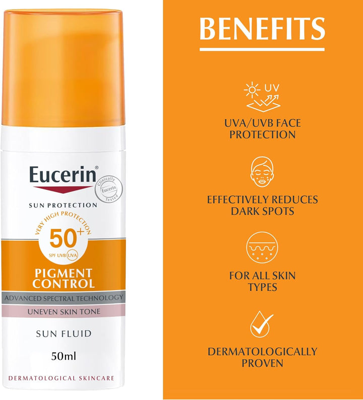 Eucerin Face Sunscreen Even Perfector Pigment Control Sun Fluid with Thiamidol, High UVA/UVB Protection, SPF50+, Reduces Spots for Uneven Skin Tone, 50ml