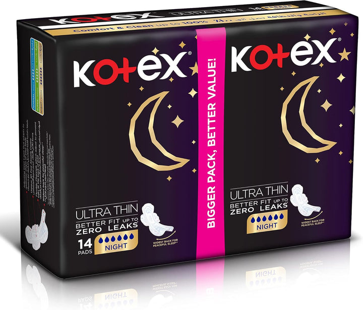 Kotex Ultra Thin Pads, Overnight Protection Sanitary Pads with Wings, 14