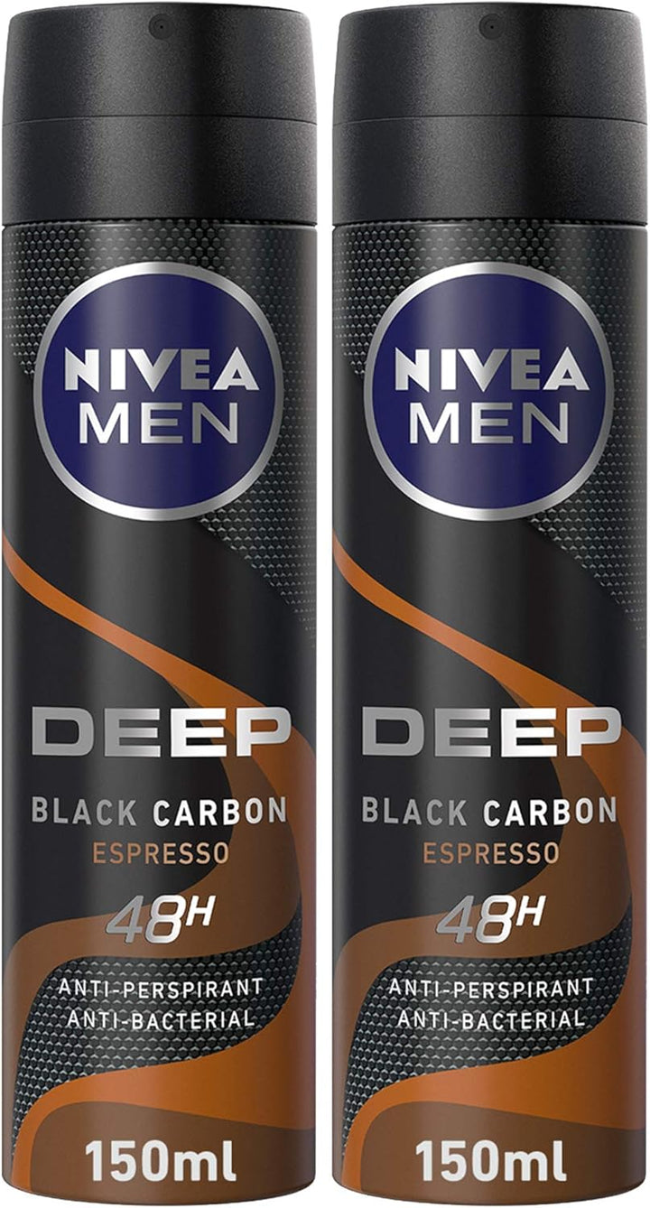 Nivea MEN Antiperspirant Spray for Men, 48h Protection, DEEP Black Carbon Antibacterial, Espresso Scent, 2x150ml