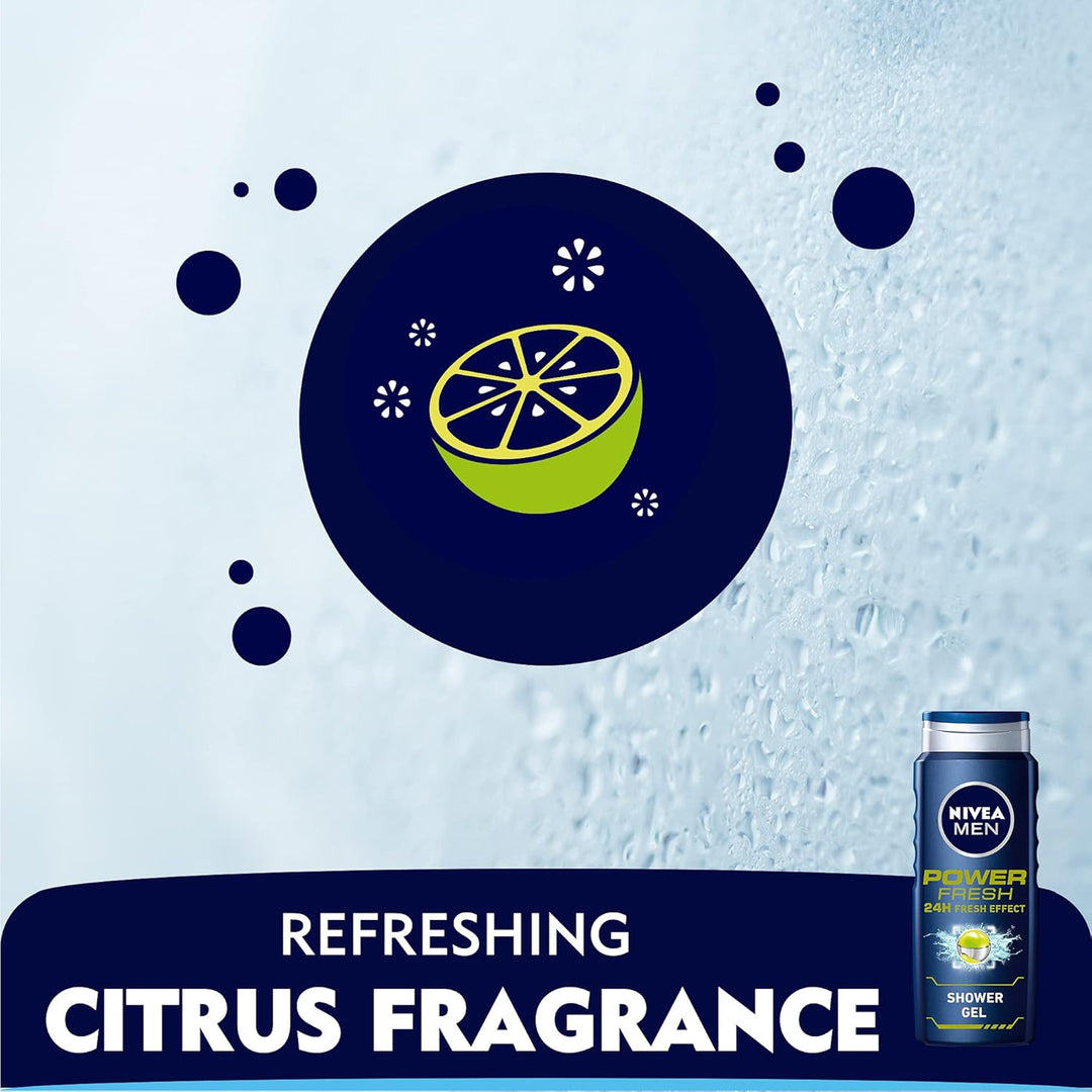 Nivea MEN 3in1 Shower Gel, Power Fresh 24h Fresh Effect Citrus Scent, 500ml