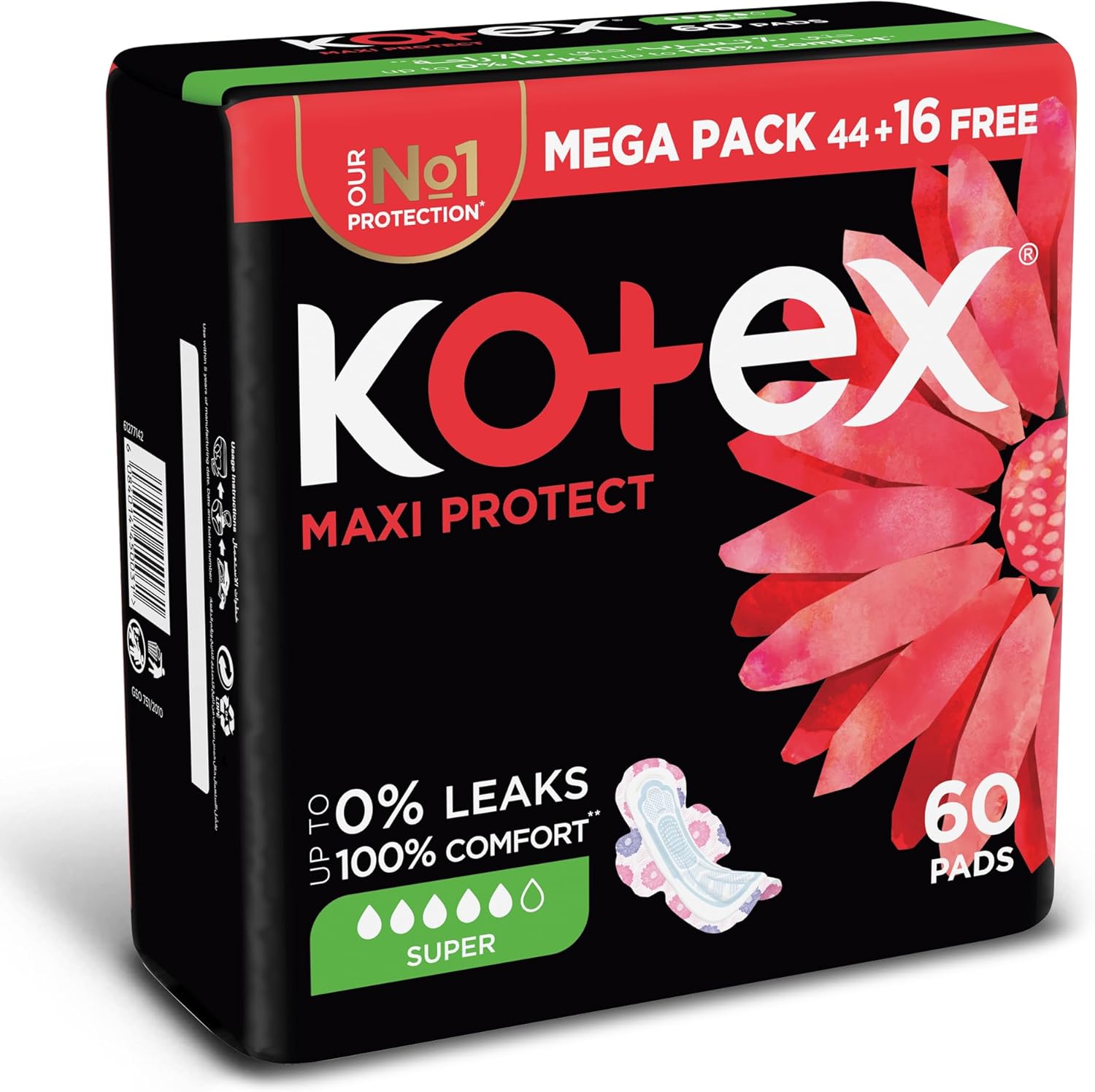 Kotex Maxi Protect Thick Pads, Super Size Sanitary Pads with Wings, 60 Sanitary Pads