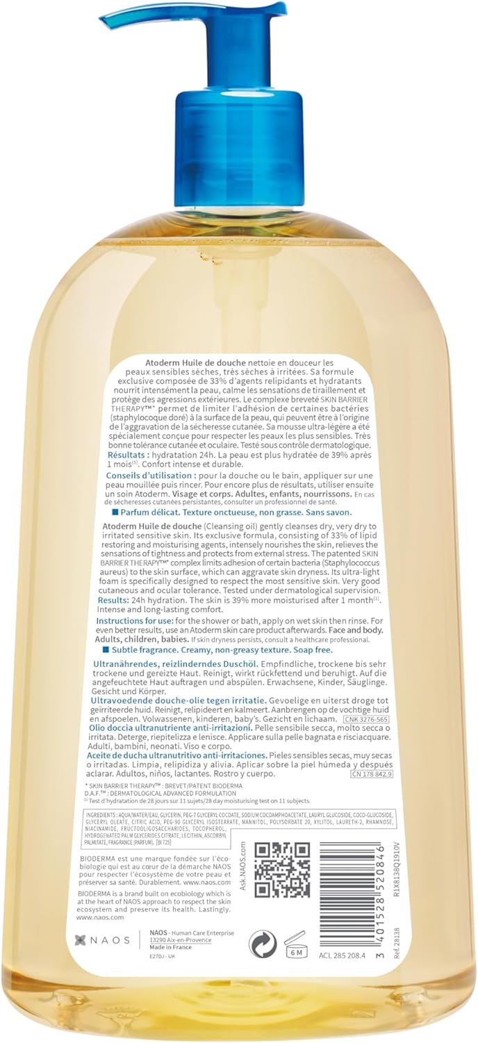 Bioderma Atoderm Huile De Douche Anti-Irritation Cleansing Oil Sensitive Dry To Atopic Skin, 1 Liter