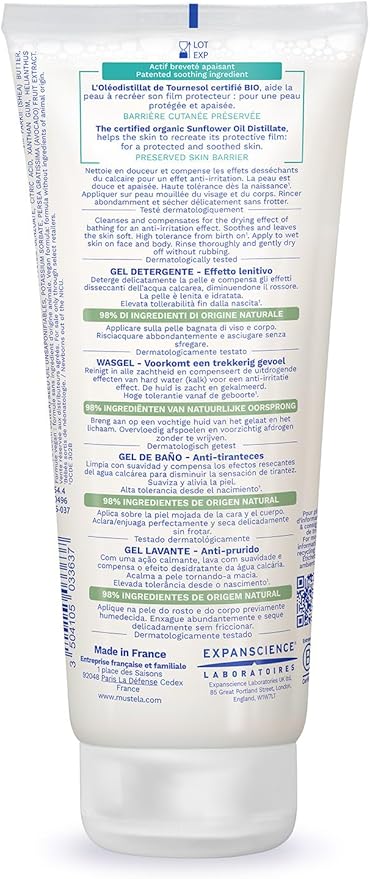 Mustela Stelatopia Eczema-Prone Skin Cleansing Gel - Baby Face & Body Wash with Natural Avocado & Sunflower Oil - Fragrance-Free & Tear Free - 200ml