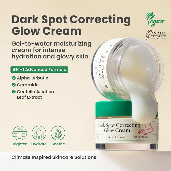 AXIS-Y Dark Spot Correcting Glow Cream 50ml - Brightening & Hydrating Moisturizer Face Cream with 2% Alpha-Arbutin, 5% Niacinamide & Ceramide - Vegan Korean Skin Care for All Skin Types - 1.69 fl. oz.