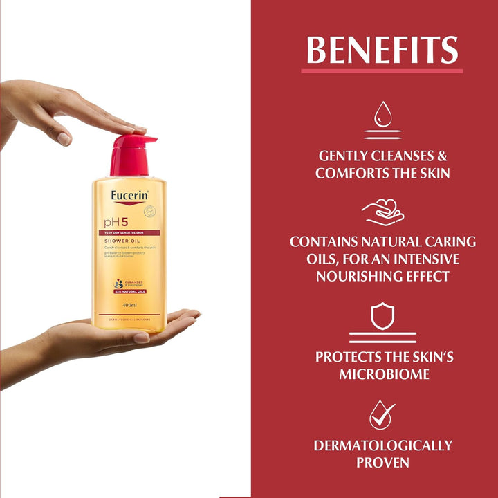 Eucerin pH5 Shower Oil Daily Body Cleanser with Natural Caring Oil, Intensive Nourishing Effect, for Dry Sensitive Skin & Suitable for Allergy-Prone Skin, 400ml