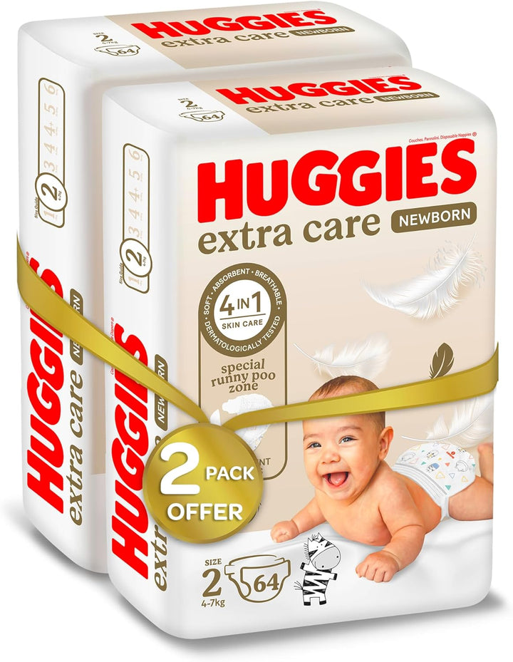 Huggies Extra Care Newborn, Size 2, 4 - 6 kg, Twin Jumbo Pack, 128 Diapers