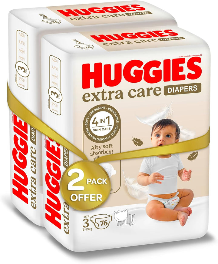 Huggies Extra Care, Size 3, 4 - 9 kg, Twin Jumbo Pack, 152 Diapers