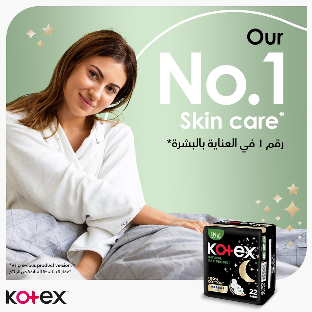 Kotex Natural Maxi Protect Thick Pads, 100% Cotton Pad, Overnight Protection Sanitary Pads with Wings, 44