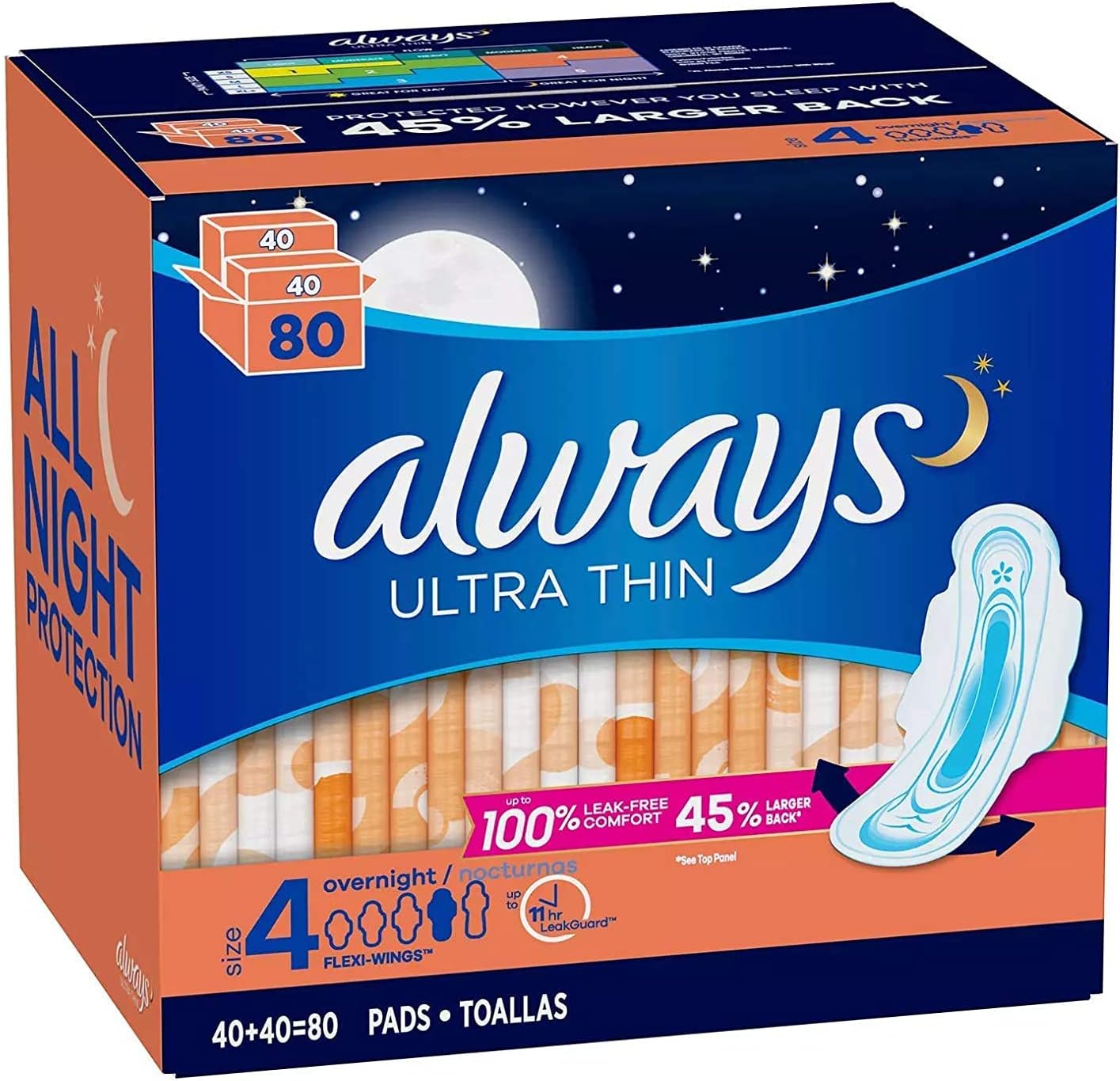 Always Always Ultra Thin Size 4 Overnight Pads with Wings Unscented 80 Ct