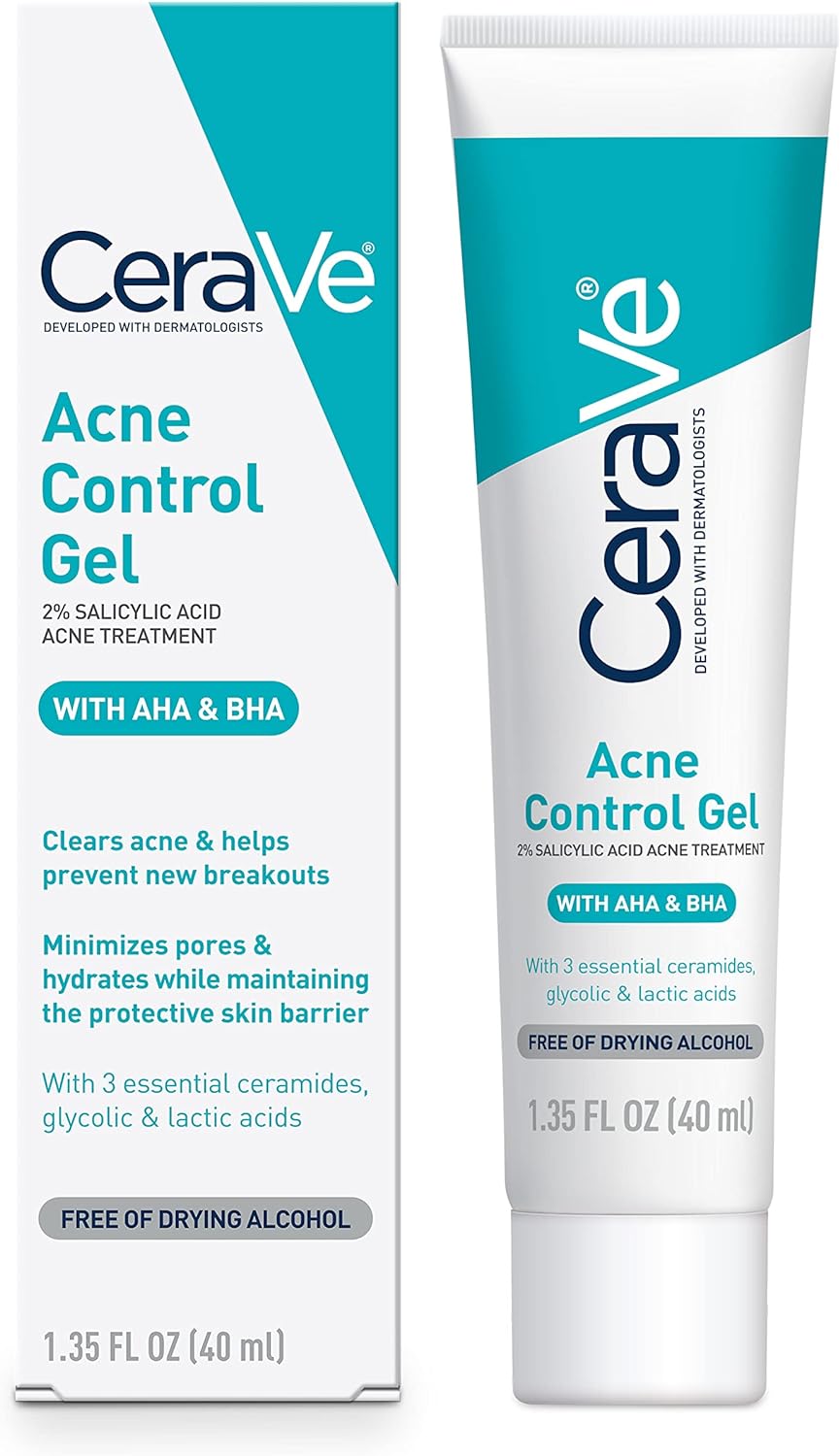 CeraVe Salicylic Acid Acne Treatment with Glycolic Acid and Lactic Acid | AHA/BHA Acne Gel for Face to Control and Clear Breakouts | Fragrance Free, Paraben Free, Oil Free & Non-Comedogenic|40ml