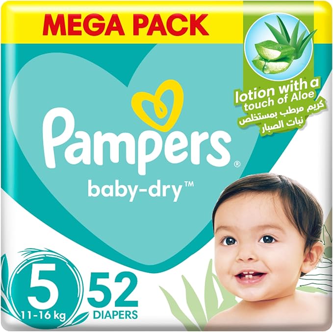 Pampers Baby-Dry Taped Diapers with Aloe Vera Lotion, up to 100% Leakage Protection, Size 5, 11-16kg, 52 Count