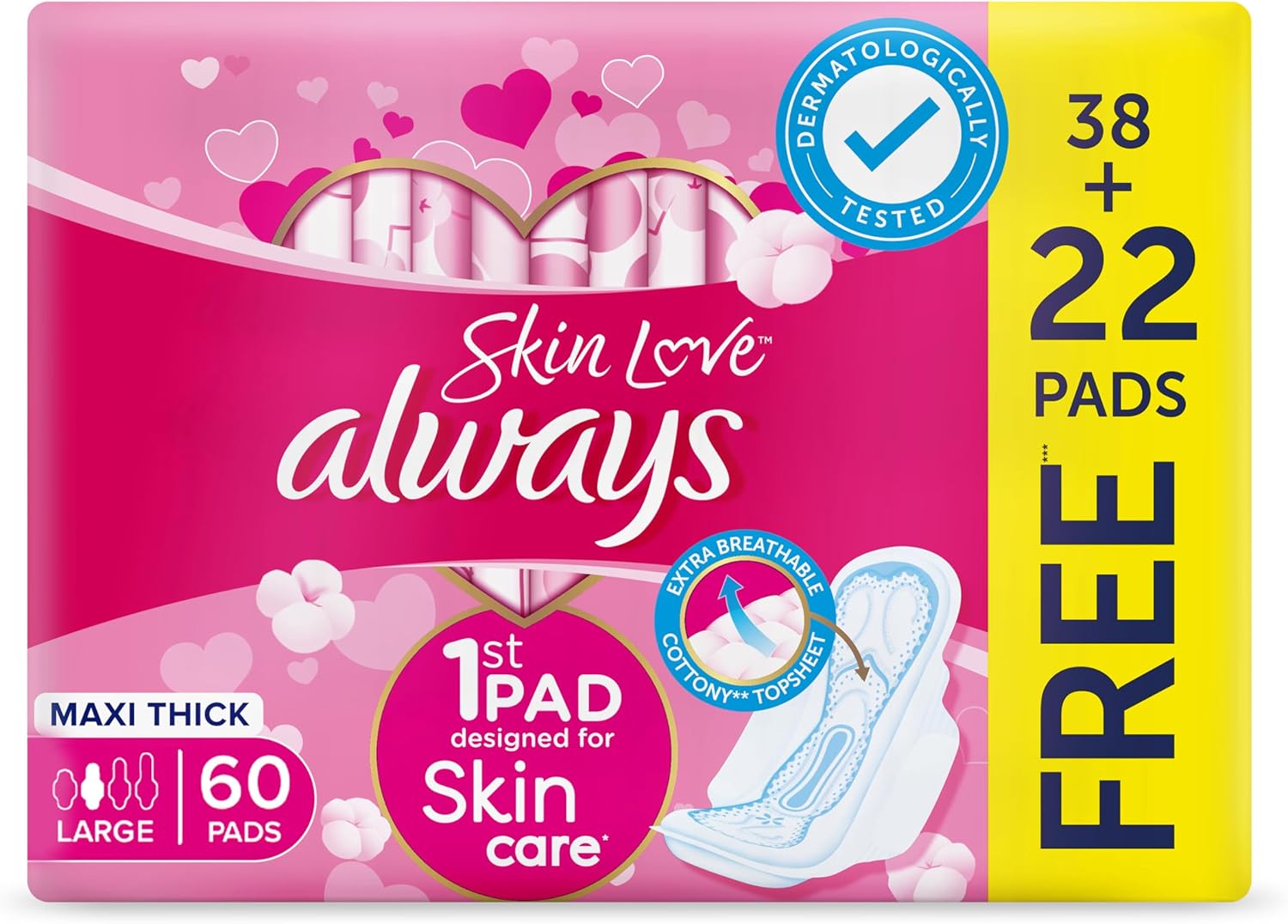 Always Cotton Skin Love Sanitary Pads, 30/50/60/72 Large Thick Pads