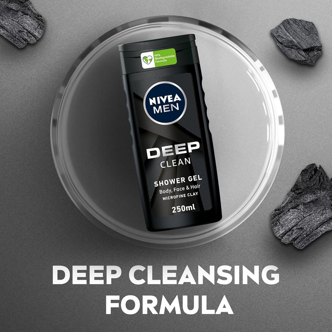 MEN 3in1 Shower Gel Body Wash, Cleansing DEEP Micro-Fine Clay, Woody Scent, 250ml