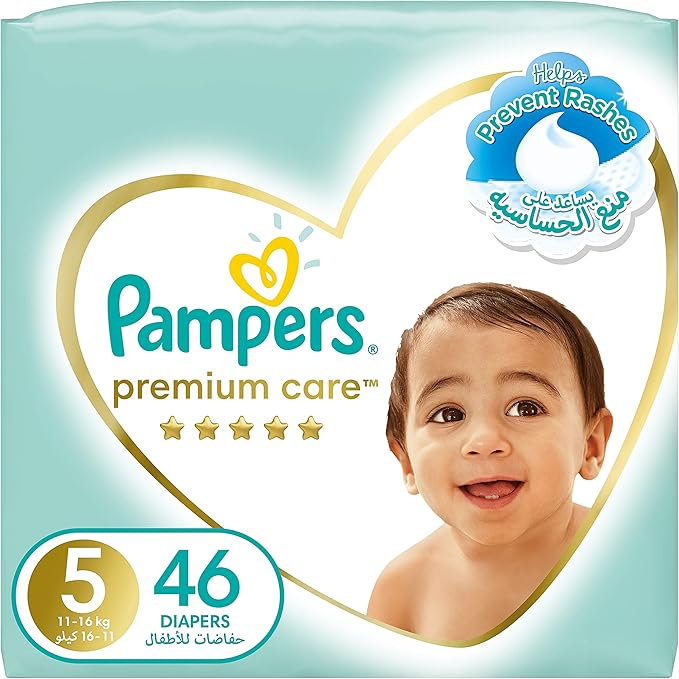 Pampers Premium Care Taped Baby Diapers, Size 5, 11-16kg, Unique Softest Absorption for Ultimate Skin Protection, 46 Count