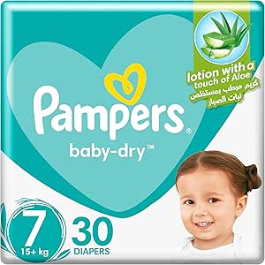 Pampers Baby-Dry Taped Diapers with Aloe Vera Lotion, up to 100% Leakage Protection, Size 7, 15+kg, 30 Count