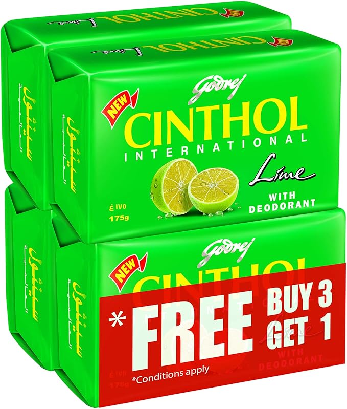 Cinthol Bar Soap 99.9% Germ Protection Lime (With Deodorant) 175G - (Pack Of 4) Green