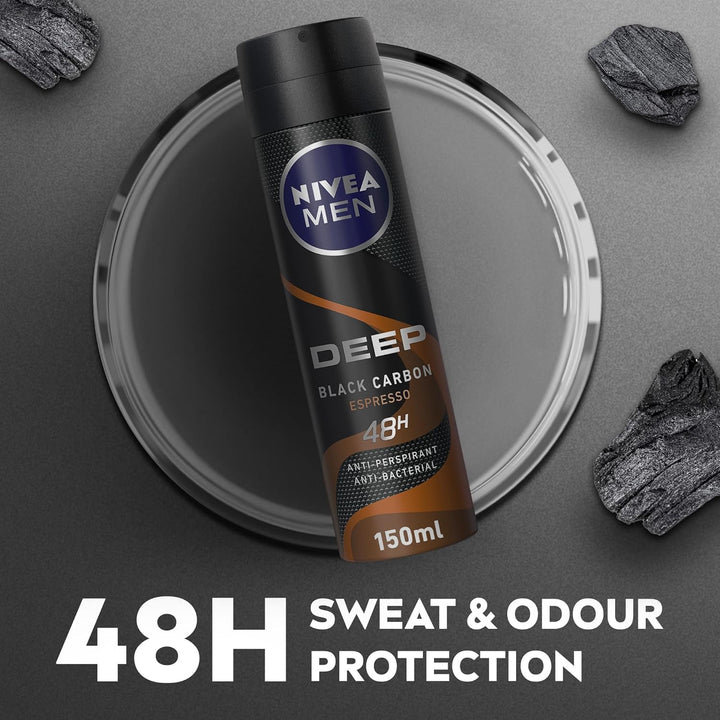 Nivea MEN Antiperspirant Spray for Men, 48h Protection, DEEP Black Carbon Antibacterial, Espresso Scent, 2x150ml