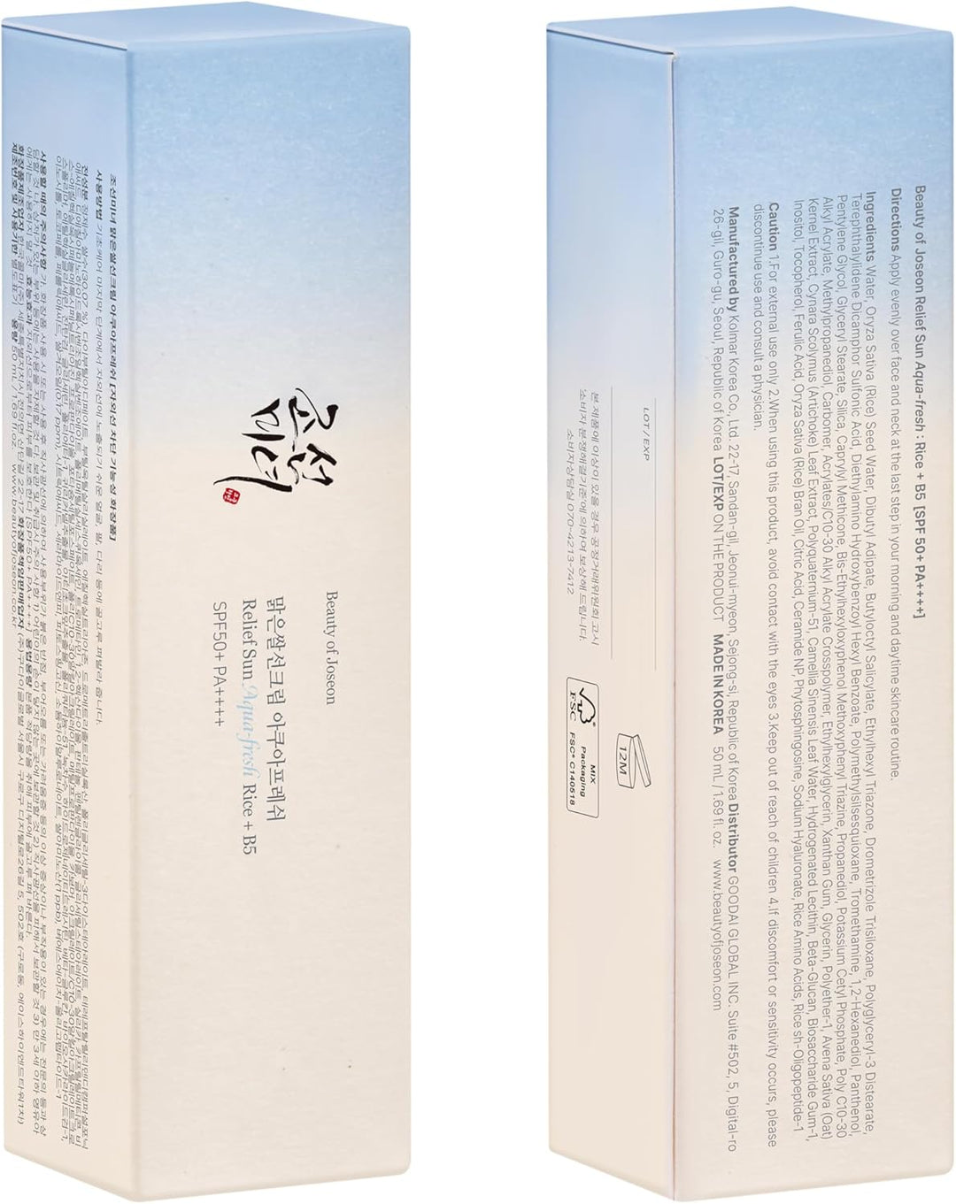 Beauty of Joseon Relief Sun Aqua-Fresh Sunscreen Rice + Panthenol SPF 50+ PA++++ Lightweight Daily UV Protector for Acne-Prone Sensitive Skin Korean skincare for Men and Women 50ml